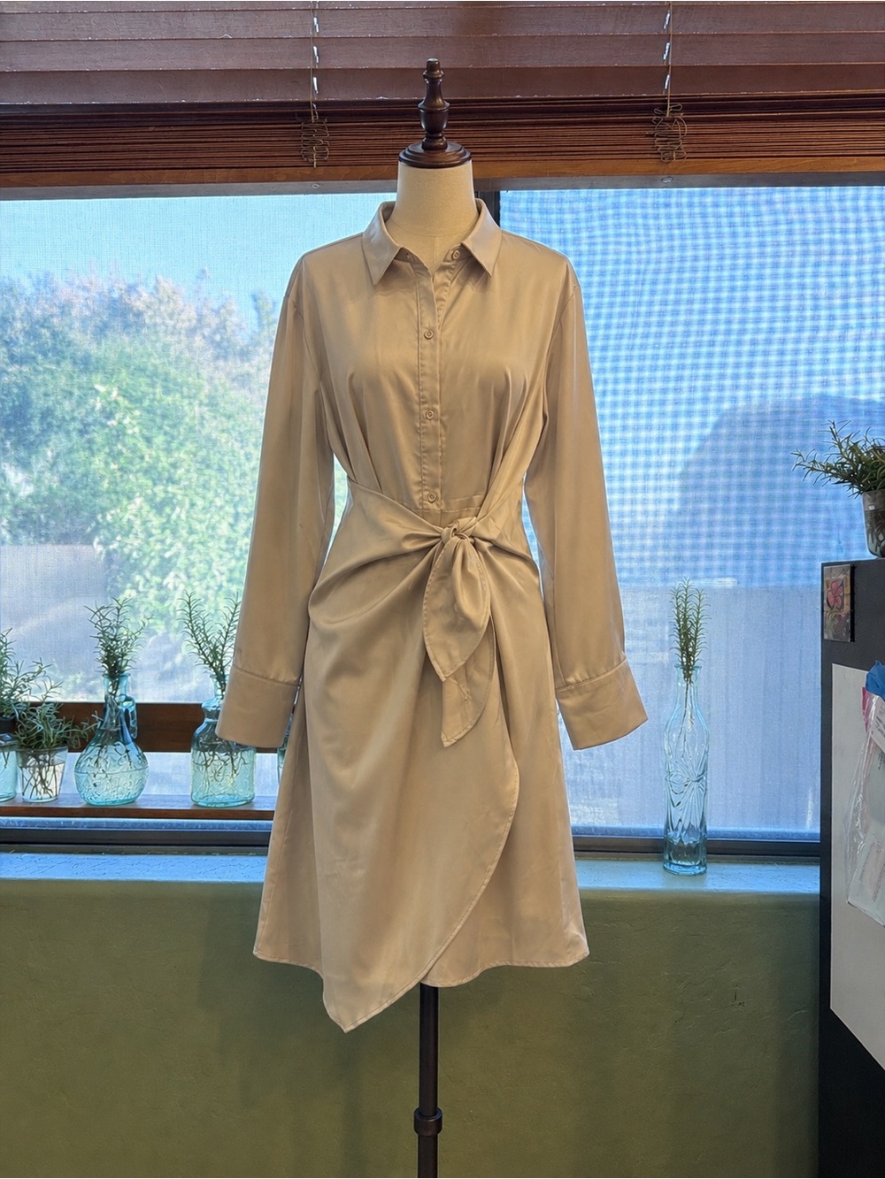 AND NOW THIS Women’s Tie-Front Shirt Dress XL Beige Taupe Asymmetrical Hem